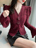 Girlary Women's Spring Autumn New Fashionable Elegant V-neck Pullover Long sleeved Bottom Shirt Casual Versatile Western Commuter Tops