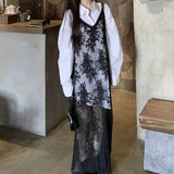 Girlary Floral Lace Black Transparent Dresses Women Sexy Long Dress Korean Sleeveless Holiday Dress Vacation Streetwear Party