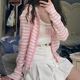 Girlary Spring Pink Cardigans Women Striped Knitted Tops Long Sleeve Zipper Thin Stretchy Hooded Sweater Harajuku Kawaii Clothes