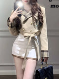 Girlary Winter Japanese Sweet Patchwork 2 Piece Set Women Plaid Y2k Belt Coat + White Mini Skirt New Chic Design College Style Suit 2024