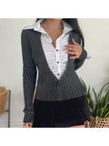 Girlary Woman Long Sleeve Fall Lapel Collar T-Shirts Knit Crochet Patchwork Top Single Breasted Tees Fake Two Pieces Classical Chic Ins