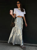 Girlary New Silver Metal Tiered Midi Skirt Women Chic High Waist Loose Fashion A-line Faldas Bottom Femme Streetwear Fashion Skirts