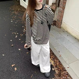 Girlary New Korean Style Fashionable Casual Loose Lazy Striped T-shirt Round Neck Striped Early Autumn Top for Women Clothes