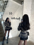 Girlary Korean Fashion Temperament High-end Plaid Suit Jacket Autumn and Winter New Style Hip Hugging Short Skirt Two-piece Set