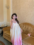 Girlary Pink Gradient Bud Vacation Style Long Dress Strap French Pink Gradient Dress Summer