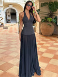 Girlary V-Neck Summer Fashion Maxi Dress For Women Contrast Patchwork See-Through Elegant Dress Slim Backless Lace-Up Long Dress