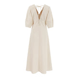 Girlary Elegant Beige Women Linen Dress Puff Sleeve Long Backless Button Dress Ladies V-Neck Cotton Dress Soft Fashion