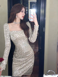 Girlary Autumn Sexy Sequins Long Sleeve Dress Women French Temperament High Waist Slim Irregular Banquet Party Short Dresses