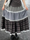 Girlary Vintage Harajuku Lace Plaid Skirt Women Preppy Style Long Skirts Autumn Winter Streetwear Retro A-line Ruffle Skirts