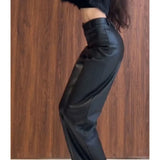 Girlary Autumn New Korean Design High End Straight Leg Pants Look Thin Black High Waist Wide Leg Leather Pants Female Clothing