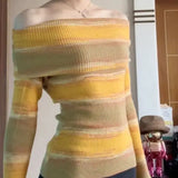 Girlary Korean One-Shoulder Striped Sweater Wearing Top Women Autumn Winter New Explosions Slim Off-The-Shoulder Sweater