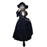 Girlary 2024 New Gothic Punk Dark Style Lolita Women's Dress Harajuku Vintage Black Long Bubble Sleeve Waist Cinched Dress Autumn Winter