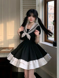 Girlary Black Dress Women Bow Japanese Cute Lolita Dress Women Sweet lace Puff Sleeve Student Dresses Party Sailor Collar Kawaii Dress