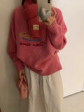 Girlary Rose Pink Pullover Cute Embroidered Outer Wear New Autumn Winter College Style Loose Ins Lazy Style Sweater