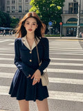 Girlary Korean Version of Fashion Temperament College Style Dress Autumn New Item Contrasting Color Design Sense A-line Dresses