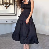 Girlary Dresses Women's Summer Fashion Casual Square Neck Bow Strap Sleeveless Solid Black Pleated Party Long Dress Streetwear