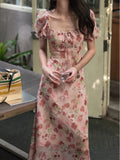 Girlary French Vintage Floral Printed Midi Dresses for Women Summer Puff Sleeve Square Collar Slim Party Dress Casual One Piece Vestido