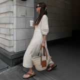 Girlary Elegant Beige Women Linen Dress Puff Sleeve Long Backless Button Dress Ladies V-Neck Cotton Dress Soft Fashion