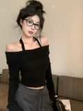 Girlary Fashion Solid Color Off Shoulder Slash Neck Sweaters Women Autumn Y2k Knitted Pullovers Korean Slim Casual Elegant Sueter Top