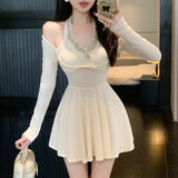 Girlary Winter New Women Dress Mature Halter Neck Hot Fix Rhinestone Design Long Sleeve High Waist Slim A Line Mini Dress