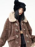 Girlary Contrast Color Streetwear Fashion Fluffy Warm Jackets Y2k Aesthetic All Match Horn Button Tops Casual Grunge Loose Coats Women