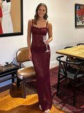 Girlary Women Chic Burgundy Lace Back Slit Maxi Dress Sexy Skinny Square Neck Backless Sling Robe 2024 New Lady Elegant Cocktail Dresses