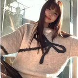 Girlary Knitted Sweater Round Neck Sweater Women Versatile Bow Knot Autumn Winter New Lazy Style Loose Top