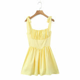 Girlary Elegant Pleated Knitted Mini Dress for Women Sexy Fashion Pockets Slim Party Dress Summer Sleeveless Holidays Dress Yellow