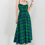 Girlary Vintage Green Plaid Dresses Women Midi Sexy Backless Beach French Victorian Dress Retro Elegant Lace-up Long Strap Dress