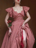 Girlary Vintage Victorian Style Red Plaid Dress Woman Summer Cottage Core Lace V-Neck Flying Sleeve Gatsby Pirncess Dresses Faldas