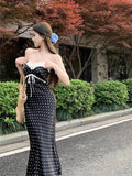 Girlary Women's Summer Polka Dot Long Dress Korean Fashion Bubble Sleeved High Waist Streetwear Female Vacation Beach Vestidos