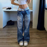 Girlary Women Y2K Print Streetwear Gothic Baggy   Jeans Autumn Low Waist Long Trousers Casual Denim Pants Simple Female Buttons Bottoms