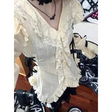 Girlary Gothic Coquette Y2k Shirt Women Irregular Aesthetic Blouses Vintage V Neck Grunge Japanese Harajuku Fashion Lolita