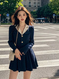 Girlary Korean Version of Fashion Temperament College Style Dress Autumn New Item Contrasting Color Design Sense A-line Dresses