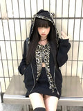 Girlary Harajuku Leopard Print Women Zip Up Hoodies Vintage Gyaru Streetwear Japanese Style 2000s Aesthetic Sweatshirt Oversize