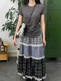 Girlary Vintage Harajuku Lace Plaid Skirt Women Preppy Style Long Skirts Autumn Winter Streetwear Retro A-line Ruffle Skirts