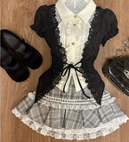 Girlary Y2k Aesthetic Patchwork Lace Fake Two Piece Sexy Slim Waist Harajuku Japan Casual High Street Tiered Skirts Punk Two Piece Sets