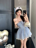 Girlary Bow Tie Lace Polka Dot Suspender Dress for Women's Summer French Sweet Short Blue Waist A-line Dress New