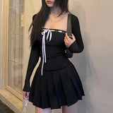 Girlary Black Lace Up Square Collar Dresses Fashion Women Balletcore Aesthetic Bodycon Long Sleeve Mini Dress Korean Style