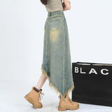 Girlary Raw Edge Women Midi Denim Skirt Spring Summer Korean Streetwear Fashion Irregular Distressed Straight A-line Skirt Shorts