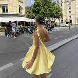 Girlary Elegant Pleated Knitted Mini Dress for Women Sexy Fashion Pockets Slim Party Dress Summer Sleeveless Holidays Dress Yellow