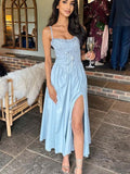 Girlary Summer Women Light Blue Sexy Hem Slit Sling Dress Lacing Up Bandage Back Female Midi Party Dress Robe