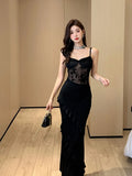 Girlary Black Lace Patchwork Sexy Elegant Dress Suspender Women's Summer Dress New