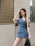 Girlary Summer New One Shoulder Bodycon Denim Mini Dress Women Sleeveless Backless Slim Vestidos Female Elastic Cowboy Clothing