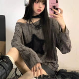 Girlary Y2K Grunge Grey Star Tshirts Women Gyaru Vintage Beige Long Sleeve T Shirts Hollow Out Oversize Gothic Distressed Tops