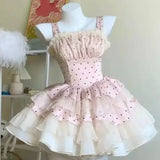 Girlary Japan Sweet Elegant Lolita Princess Dress Women Cute Mesh Ruffles Wave Point Print Slim Dresses Harajuku Y2k Party Mini Dress