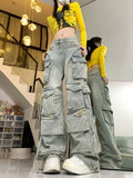 Girlary American Spice Girl Heavy Industry High Street Multi-Pocket Wide Leg Hip Hop Jeans Y2K High Waist Baggy Straight Pants Tide