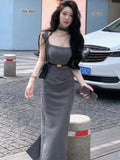 Girlary 2024 Summer New Korean Elegant Sex Appeal Dresses Simple Solid Color Evening Party Prom Vestidos Women Chic One Piece Clothing