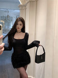 Girlary Women Dress Autumn Sexy Plush Patchwork Mesh High Waist Slim Mini Dresses French Fashion Long Sleeve Party Y2k Vestidos