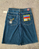 Girlary Blue Cowboy Skateboard Shorts Cartoon Embroidery Loose Jeans Wide-Leg pants Hip-Hop Street Y2K New Products